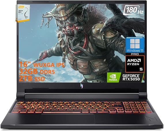 Acer Nitro V 16 AI Gaming Laptop | 16" WUXGA IPS 180Hz | AMD 6-Core Ryzen 5 240 | 32GB DDR5 2TB SSD | GeForce RTX 5050 8GB DLSS4 (Up to 440 AI Tops) | Backlit Keyboard Win 11 Pro w/DLCA Accessory