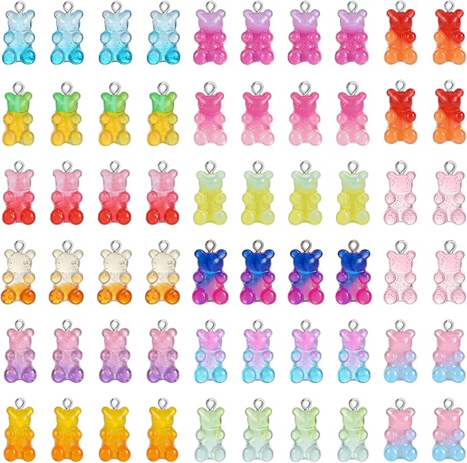 Cosweet 60pcs Gradient 3D Gummy DIY Bear Resin Charms for Adults, 15 Colors | Bear Shaped Clay Pendants, Earring Bracelet Necklace Jewelry Making Pendants, Nail Art Accessory, for Handmade Crafting Gifts