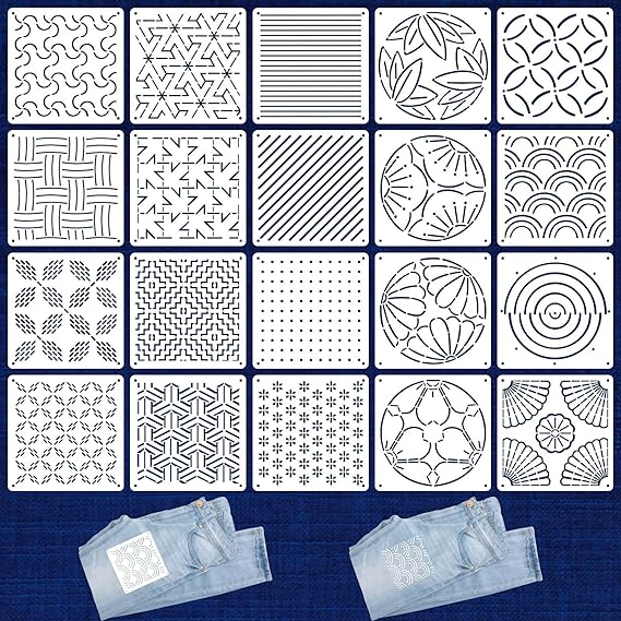 20 Pcs Sashiko Stencils 5.1 x 5.1 Inch Plastic Sashiko Template Pattern Geometric Embroidery Stabilizers Drawing Line Template for Hand Quilting Sewing