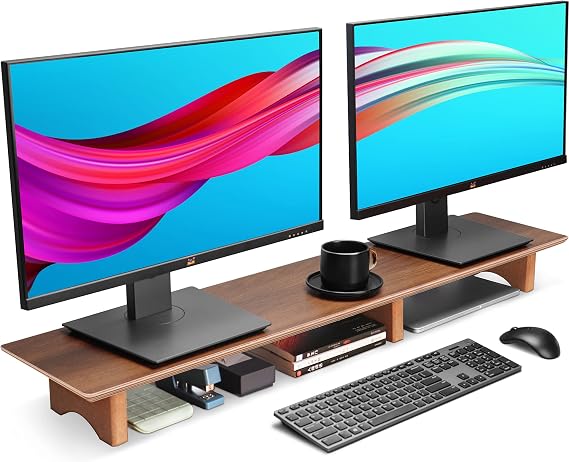 Aothia Solid Wood Dual Monitor Stand Riser for Desk, 43 Inch Black Walnut Computer Monitor Riser with Cork Legs, Extra Long Desktop Organizer Shelf for 2 Monitors, Laptop & Printer