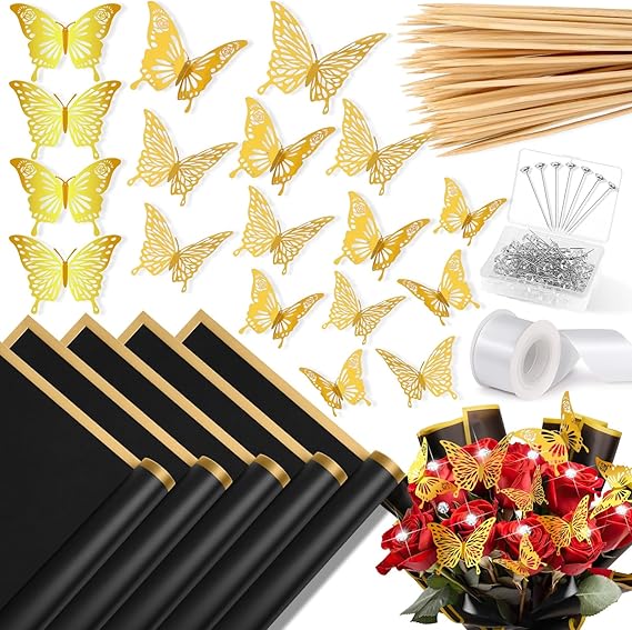 Flasoo 235Pcs Floral Wrapping Paper for Bouquet, Money Bouquet Kit with 20 Sheets Black Flower Wrapping Paper, Butterflies, Rhinestone Pins, Ribbons and Wooden Sticks for Flower Bouquets
