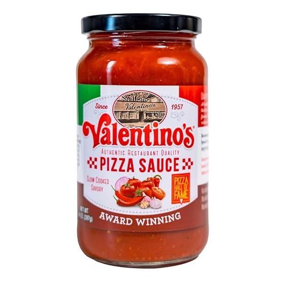 Valentino's Authentic Pizza Sauce 14 oz Glass Jar, Rich Tomato Base with Herbs and Spices, Smooth Pizzeria Style Flavor, Versatile for Pizza, Pasta, and Dipping, No Artificial Flavors
