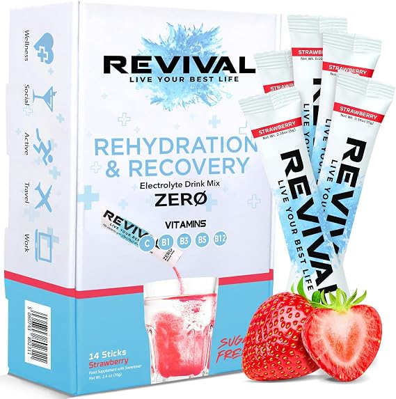 Revival Zero Rehydration Electrolytes Powder - Sugar Free Hydration Sachet Drink with Vitamins C, B1, B3, B5, B12 - Nutritional Supplement (14 Servings (Pack of 1), Strawberry)