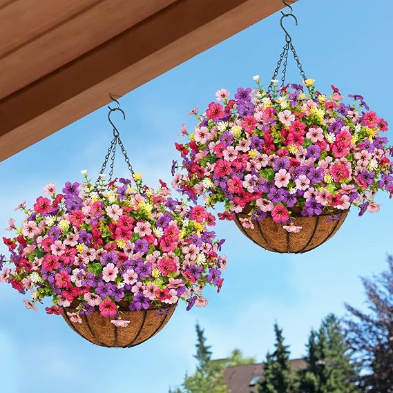 2 Pack Artificial Hanging Flowers for Outdoors, Fake Hanging Plants with 12" Baskets, 24 Pcs UV Resistant Artificial Hanging Flowers for Decoration Outdoors Garden Patio Porch Yard Spring Summer Decor