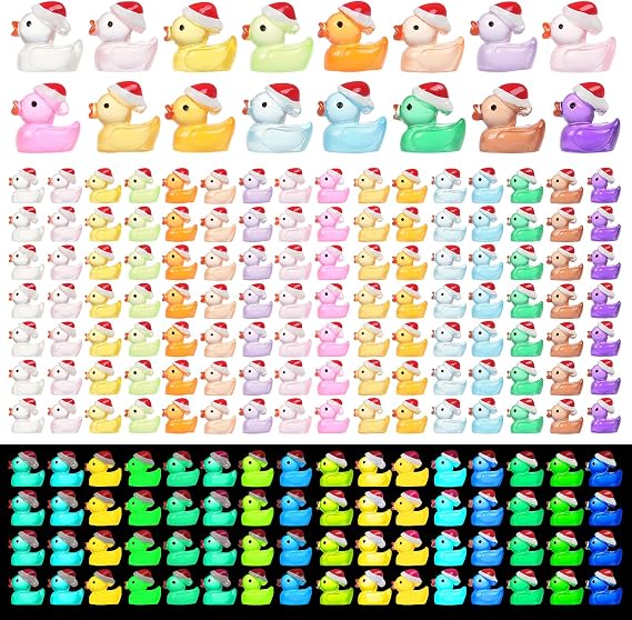 JIUZHU 160Pcs Luminous Christmas Mini Ducks, Glow in The Dark Xmas Mini Resin Ducks with Santa Hats, 16 Colors Tiny Ducks Bulk for Micro Fairy Garden DIY Miniature Dollhouse Decor