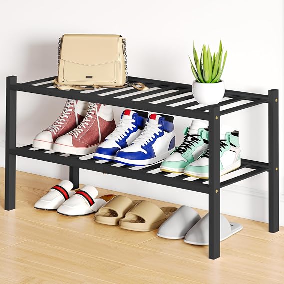 Smiry Bamboo Shoe Rack, 12 Vertical Slats, 2 Tier - 26.8" Wide, Black