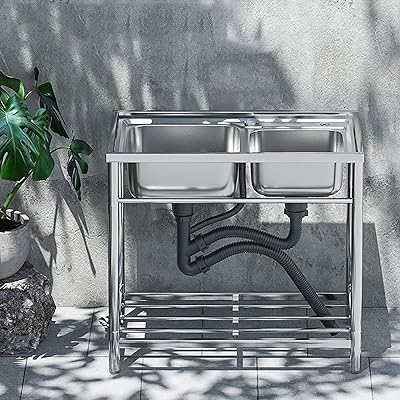 Utility Sink,Double Bowl Kitchen Sinks,Laundry Sink with Cabinet,Outdoor Sink,Stainless Steel Sink,Movable Utility Sink Laundry Tub,for Garage,Restaurant,Kitchen,Laundry Room