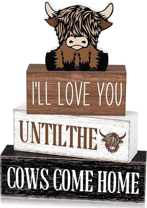 Marsui 4 Pcs Highland Cow Table Decor Rustic Cow Wooden Signs Gifts