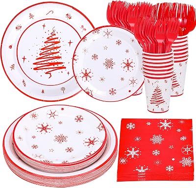 Christmas Party Supplies Decorations, Christmas Disposable Plates and Napkins with Paper Plates, Napkins, Cups and Forks - Serves 25