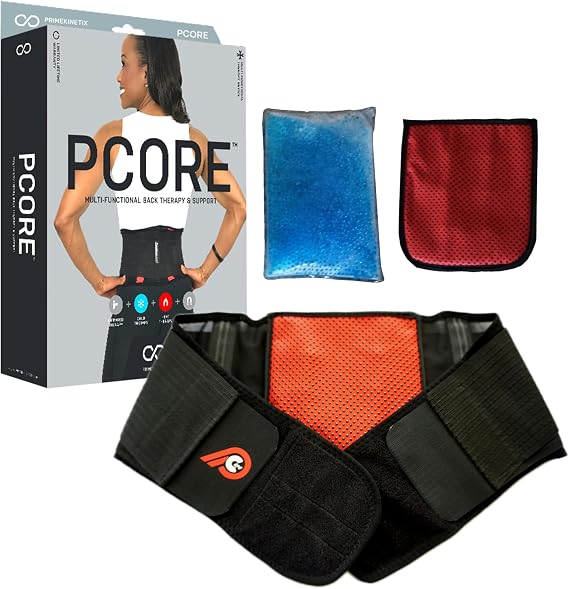 PRIMEKINETIX Pcore Dynamic Lower Back Support Belt - Adjustable Lumbar Brace for Pain Relief with Heat & Ice Therapy - Posture Corrector for Men Women - Breathable Core Support Belt, Size S