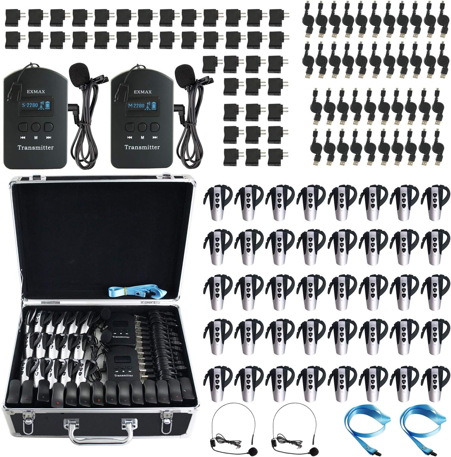 EXMAX EXD-6824 2.4G Audio Voice Transmission Church Translation System Wireless Tour Guide 9999 Channels for Tour Guides, teachers, Coaches Courtroom2 Transmitters 40 Receivers &Storage Case