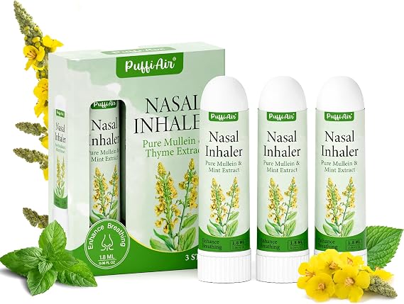 PUFFIAIR Mullein Nasal Sticks (3 Pack) Pure Mullein & Mint Extract Boost Focus, Reduce Fatigue & Stuffy Noses Support Craving Relief for Smokers, Energy Boost & Respiratory Health