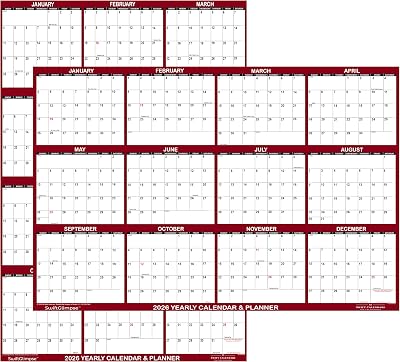 24 x 36 SwiftGlimpse 2026 Wall Calendar Erasable Large Wet & Dry Erase Laminated 12 Month Annual Yearly Wall Planner, Reversible, HorizontalVertical, Maroon