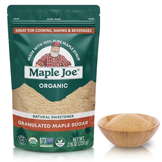 Maple Joe Organic Maple Sugar Granulated, Made With 100% Grade A Organic Maple Syrup. Powdered Maple Sugar For Cooking & Baking. Fat-Free, Gluten Free & Vegan. 7.8 oz