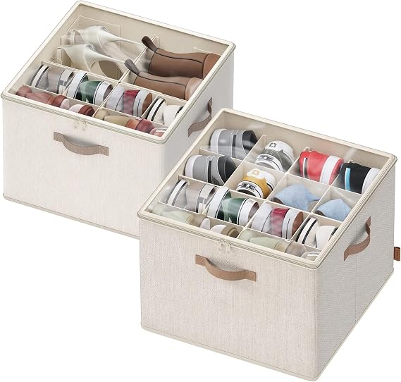 SONGMICS Shoe Organisers, 2 Pack, 16 Pairs, Stackable, Cappuccino Beige | Reinforced handles,Adjustable Dividers,Space-Saving,Clear Lid,for Closet,TINA Collection LSP622LH01