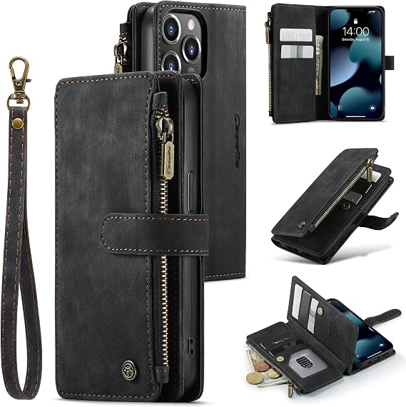 UEEBAI Wallet Case for iPhone 13 Pro 6.1 inch, Premium Handmade PU Leather Phone Case Card Slots Magnetic Closure Zipper Pocket Kickstand Flip Case with Hand Strap - Vintage Black