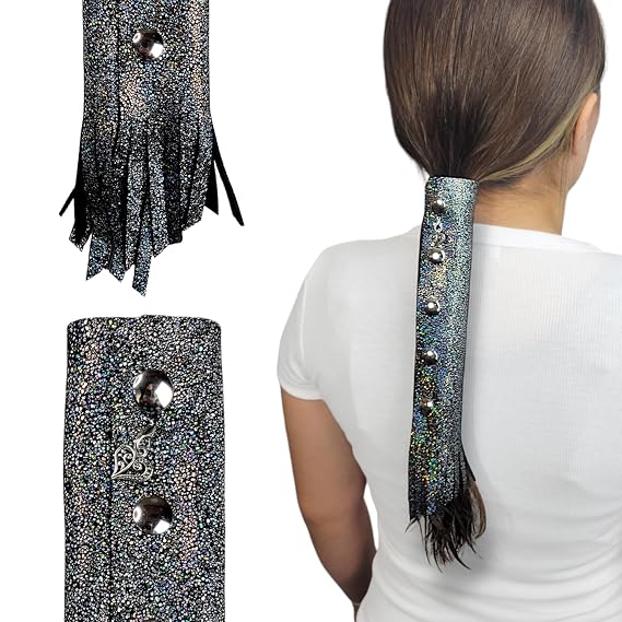 Silver Sparkle motorcycle Leather Hair Wrap 8" Inch - Ponytail protector & Long Hair Protector for Biker Helmet | Bling Motorcycle Accessories for Women with Fringe | Made in USA | Hair Accessory