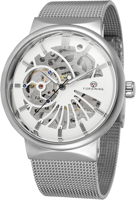 FORSINING Men's Popular Mechanical Hand-Wind Ultra Thin Stainless Steel Bracelet Mesh Skeleton Watch