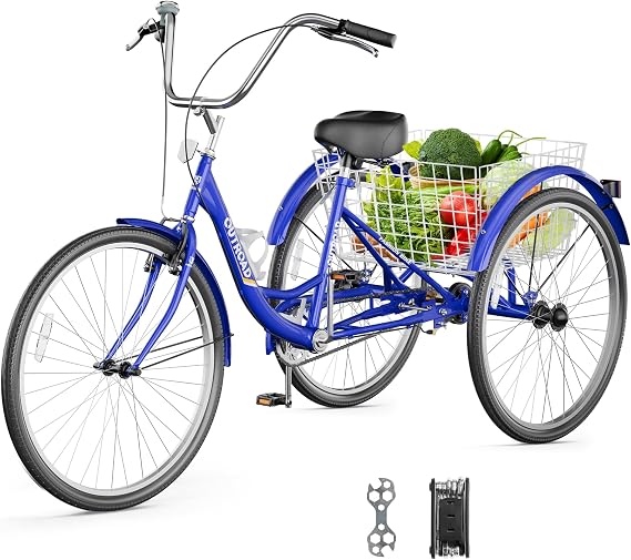 1 Speed Adult Tricycle, 24/26 inch Cruiser Trike with Large Basket for Women Men Seniors, 3 Wheel Bike for Outdoor, Shopping, Recreation (Red/Blue/Purple)