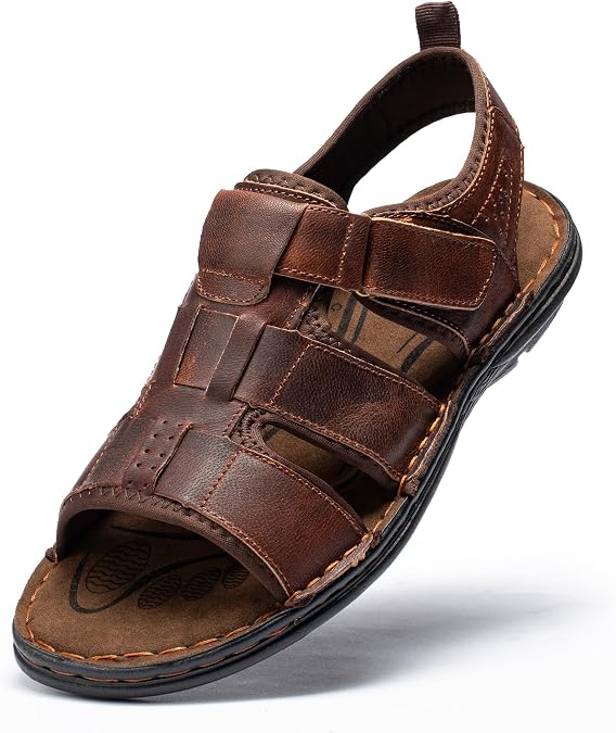 ArcBrothers Men's Premium Leather Sandals - Classic Roman Style Open Toe Sandals - Cushioned Heel, Non-Slip & Sturdy Support