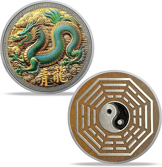 Chinese Azure Dragon Challenge Coin Taichi Coin Good Luck Coin Bagua Eastern Mythology Cultural Art Keepsake Coin Gifts for Family Friends