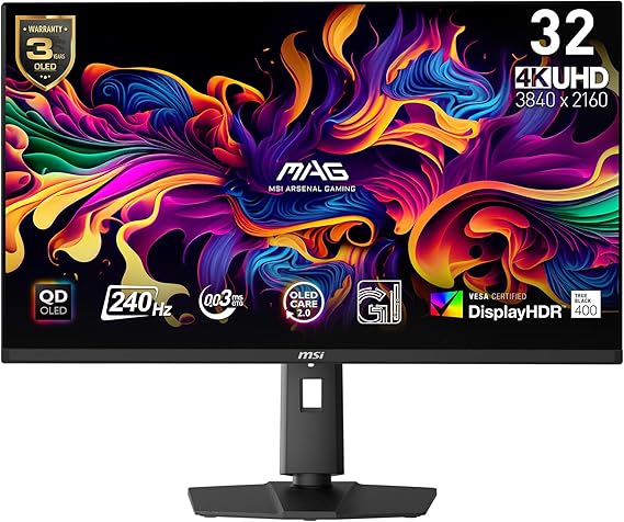 msi MAG 321UPX QD-OLED, 32" 4K UHD Quantum Dot OLED Gaming Monitor, 3840 x 2160, 0.03ms, 240Hz, True Black HDR 400, 15W USB Type C, HDMI, DP Port