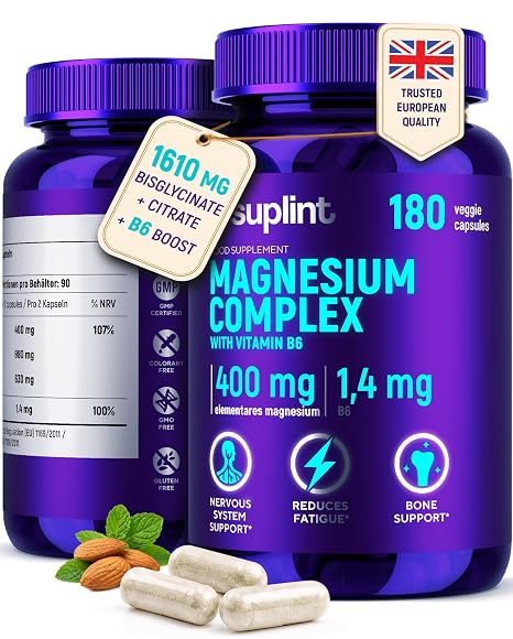 Magnesium Bisglycinate & Citrate 400 mg + Vitamin B6 – 180 Vegan Capsules