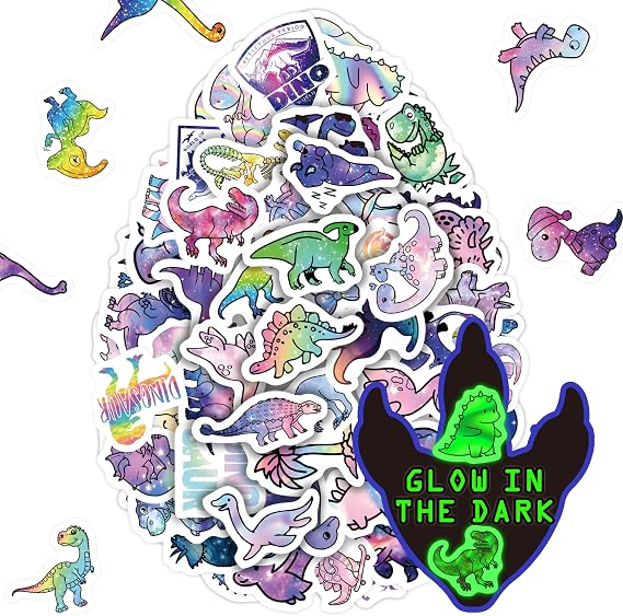 70 Pcs Rainbow Dinosaur Kids Stickers Glow in The Dark | Vinyl Waterproof Dinos Decals for Water Bottle Laptop, Phone Case Scrapbooking Decor for Teens Girls Boys Adults