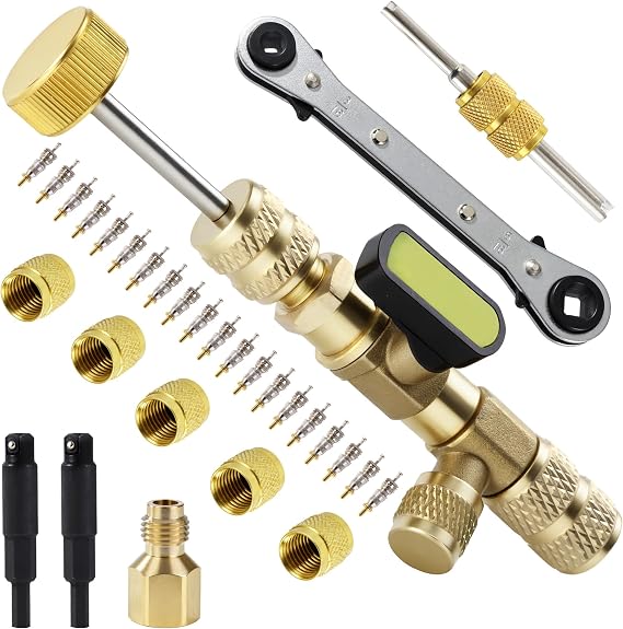 HVAC Valve Core Remover and Installer Set for AC Service | Service wrench, hex adapters, valve cores and brass nuts for compatible R12, R22, R32, R404, R407, R410A and R600 systems