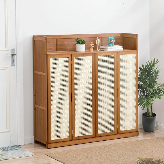Rattan Shoe Cabinet, 6 Tier Boho Bamboo Shoe Storage Cabinet with Doors, 25 Pairs Freestanding Wooden Shoe Organizer Enclosed Shoe Rack for Home Entryway Hallway, Brown