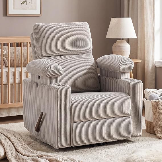 Swivel Rocker Recliner Chair with Adjustable Armrests, Nursery Rocking Chair with Adjustable Headrest, Manual Glider Recliner, Corduroy, Grey