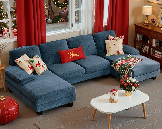 Furmax Sectional Couches for Living Room, U-Shaped Sofa Couch with Linen Fabric, 4 Seat Sofa Set with Double Chaise for Apartment (Fabric, Blue)