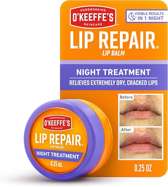 O'Keeffe's Lip Repair Night Treatment Lip Balm for Dry, Cracked Lips - 0.25 Ounce Jar (1 Pack) - Moisturizer Extremely Cracked, Dry Lips