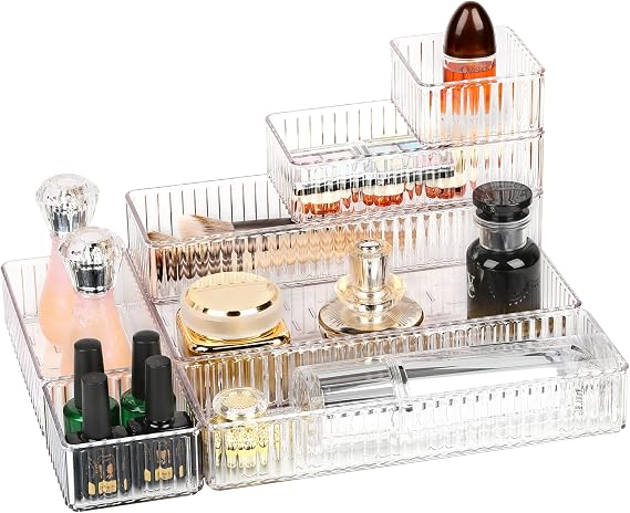 7 PCS Clear Drawer Organizers Bins, 4-Size Stackable Makeup Drawer Organizer Trays, Drawer Storage Containers, Desk Drawer Organizer Trays, Drawer Dividers for Kitchen, Bathroom, Makeup