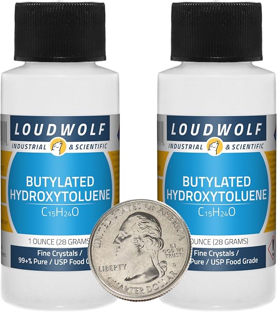 Butylated Hydroxytoluene 2 x 1/2 Ounce Bottles Fine Crystals 99+% USP/Food Grade