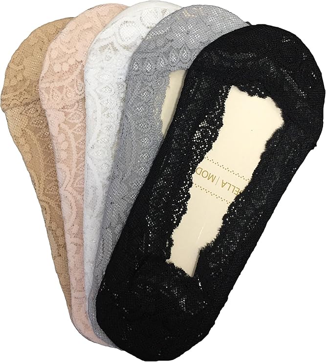 Bella Moda Women's Lace Casual No Show Non-skid Boat Socks Set of 5