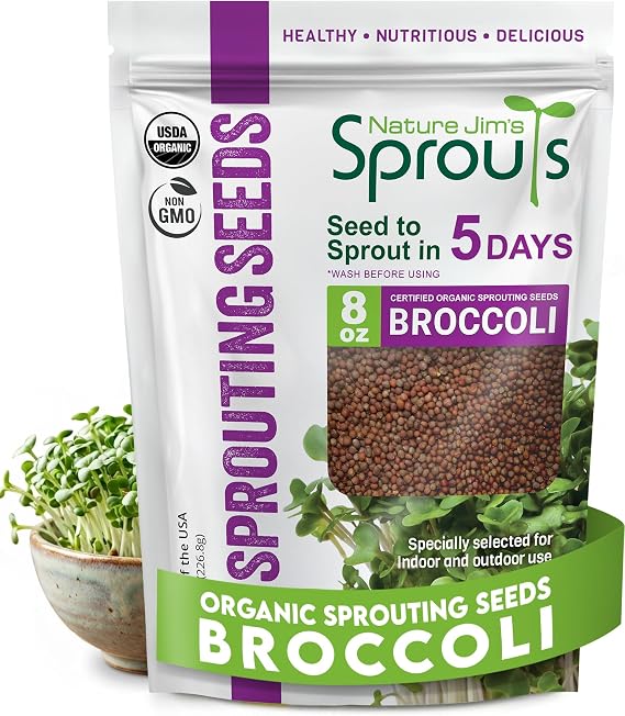 Nature Jim's Sprout Organic Broccoli Seeds Non-GMO, Sprouting Seeds - 8oz | Rich in Sulforaphane - Fast-Growing Microgreen Plants Ideal Sprouting Seeds for Fresh & Nutritious Indoor/Outdoor Gardening