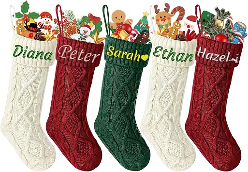 Dreamdecor Personalized Christmas Stockings with Monogramed Name, 18" Customized Embroidered Christmas Stockings,5 Pack Christmas Stockings for Fireplace Family Holiday Christmas Party