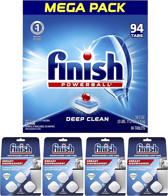 Set: Finish All In 1, Dishwasher Detergent Powerball Dishwashing Tablets - Dish Tabs, Fresh Scent 94 Count Each & Finish In-Wash Dishwasher Cleaner: Clean Hidden Grease and Grime, 3 Count (Pack of 4)