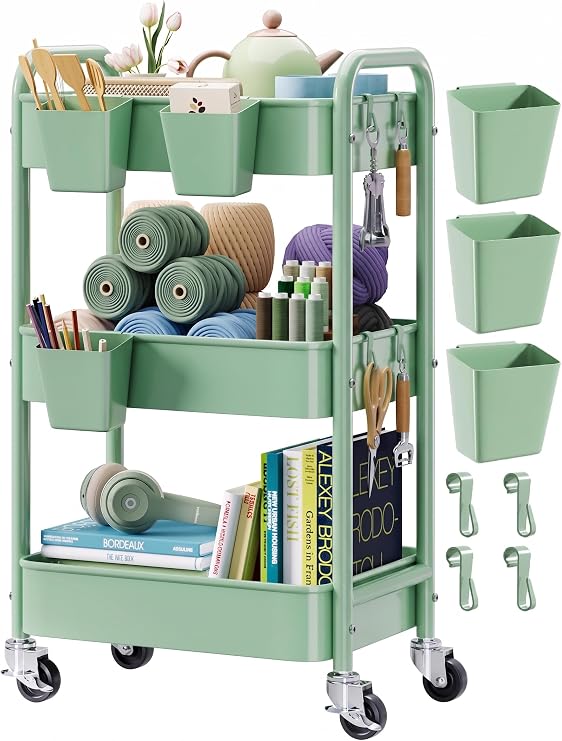3 Tier Rolling Storage Cart Metal with Wheels,Sage Green Diaper Caddy Carts