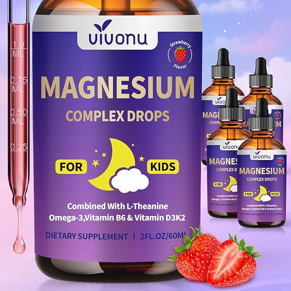 Kids Magnesium Liquid Drops, Magnesium Glycinate Liquid for Children's Supplement with Vitamin D3 K2 B12 & B6, Omega 3,L-theanine,Lemon Balm-for Sleep,Relaxation,Calm,Focus, Strawberry Flavor
