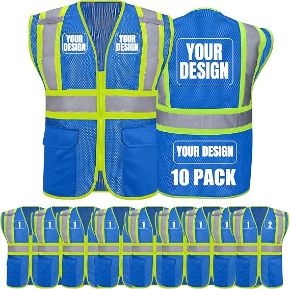 BeautyWill Custom Safety Vest Customized Logo Class 2 High Visibility Reflective Vest with Pockets Construction workwear