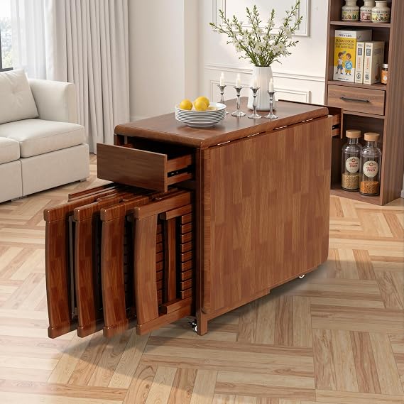 Folding Drop Leaf Dining Table and 4 Chairs, 130cm Fully Assembled Solid Wood Space-Saving Kitchen Table and Chairs Set with Storage & Lockable Wheels, Walnut