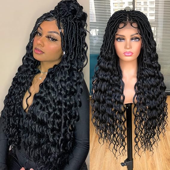 Black Full Lace Faux Locs Braided Wigs for Black Women Goddess Faux Locs Crochet Wigs with Baby Hair Soft Knotless Dreadlock Synthetic Lace Twist wig with Wave Curly Ends 32Inch