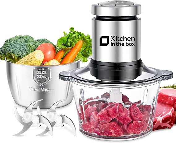 Kitchen in the box 2L+2L Electric Food Processors & Chopper with 304 Stainless Steel Container and Glass Container, 2 Speed Settings, 4 Stainless Steel Blades for Chopping Meat, Baby Food, Vegetable