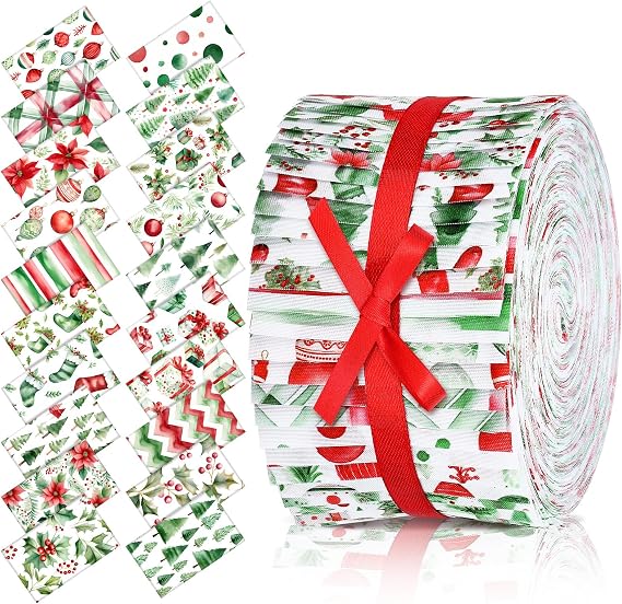 Hosuly 40 Pcs Watercolor Christmas Fabric Jelly Cotton Quilt Strips Rolls