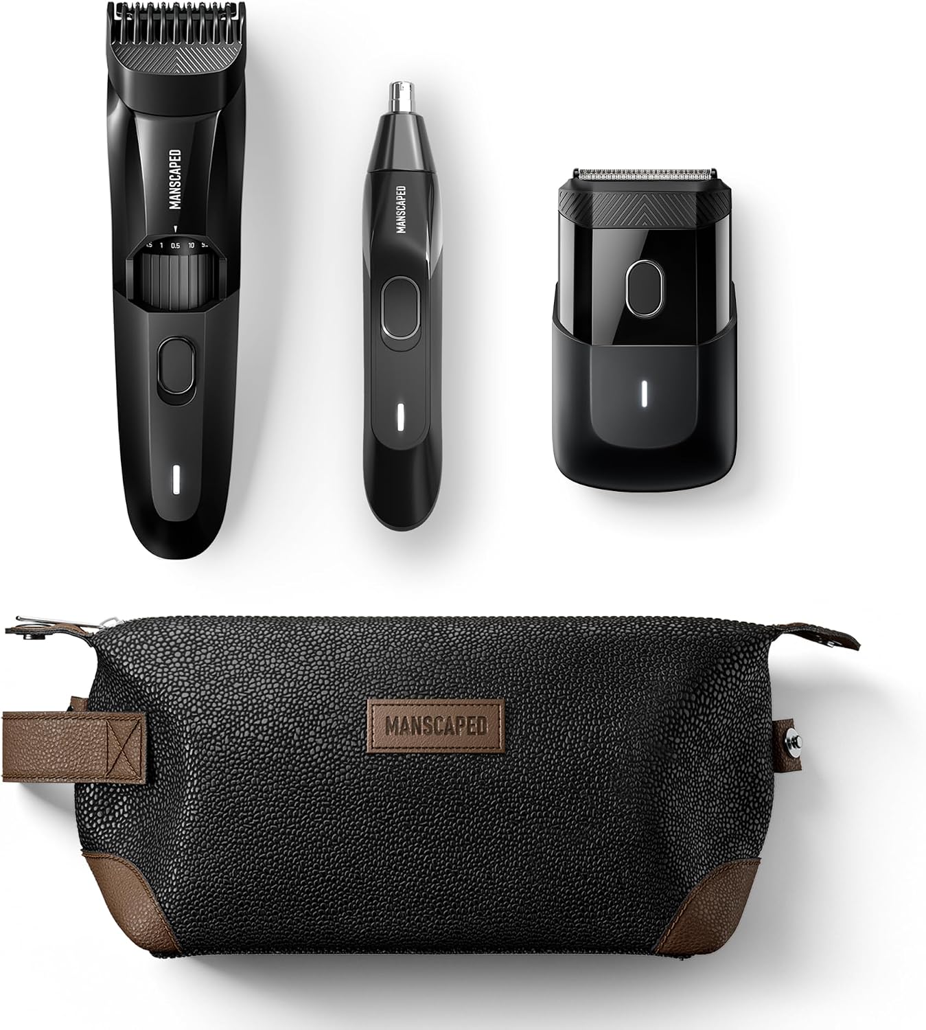 MANSCAPED® Face Grooming Trio - The Beard Hedger® Premium Beard Trimmer, The Handyman™ Compact Face Shaver, Weed Whacker® 2.0 Nose & Ear Hair Razor, The Shed™ Toiletry Bag