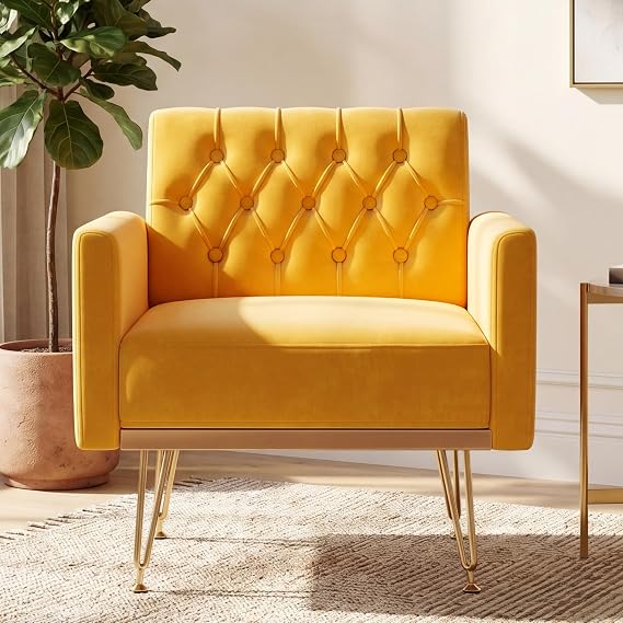 KEIKI Small Velvet Accent Chair, 31 Inch Modern Tufted Upholstered Armchair with Metal Leg, Comfortable Single Sofa Side Reading Chairs, Comfy Arm Chair for Bedroom Living Room, Easy Assembly, Yellow