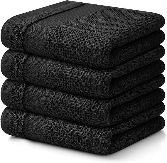 Homaxy 100% Cotton Waffle Weave Kitchen Towels, 4-Packs, Black