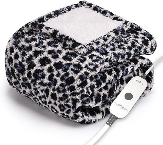 Sunbeam Printed Royal Sherpa Foot Pocket Heated Throw Electric Blanket, 50 x 60, 4 Heat Settings, 4-Hour Auto Shut-Off, Warming Cozy Throw for Couch or Bed, Machine Washable, Blue Leopard